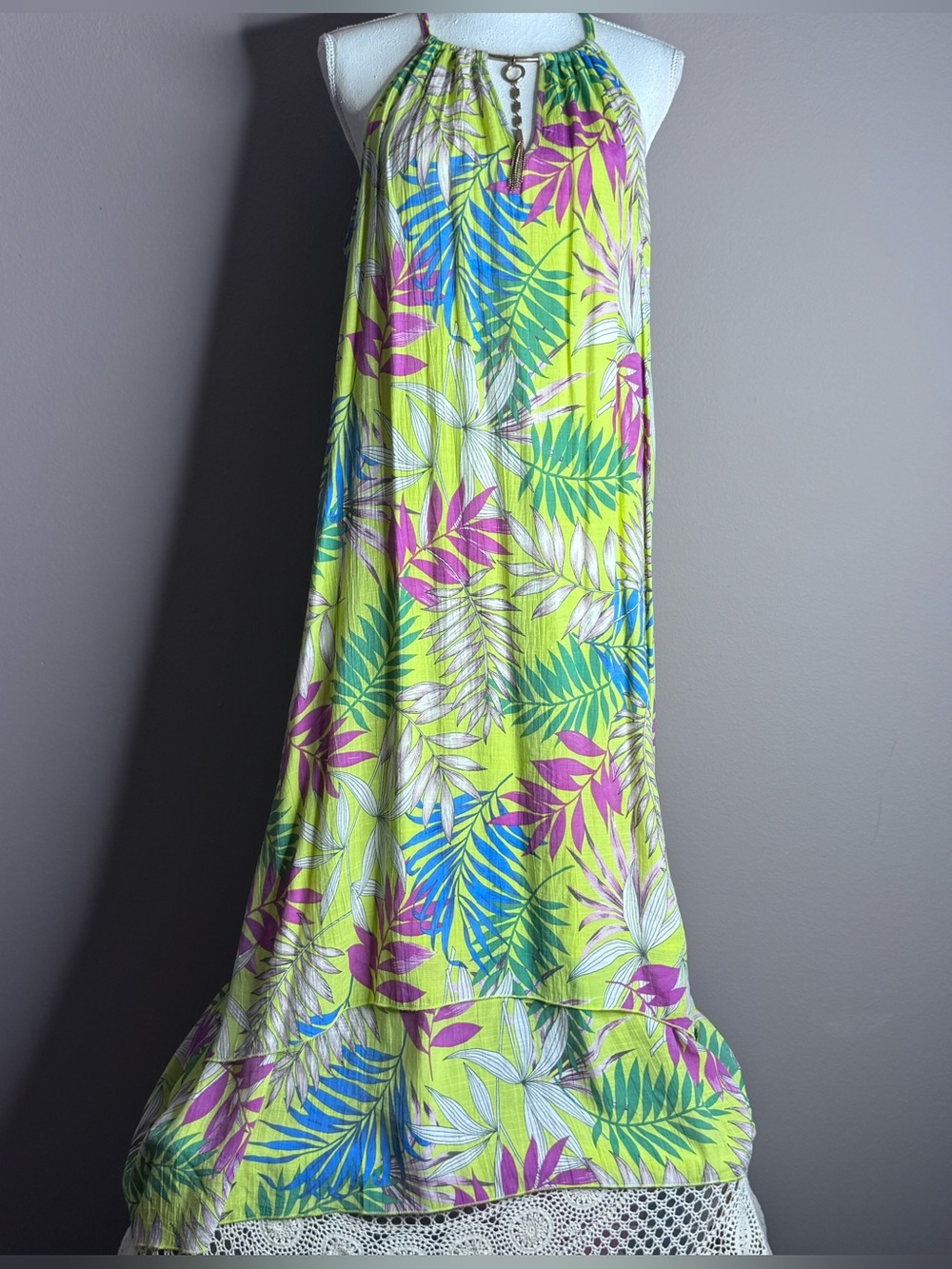 Mlle Gabrielle Tropical Halter Teal Palm Leaf Print w/ Necklace Maxi Dress Sz 1X